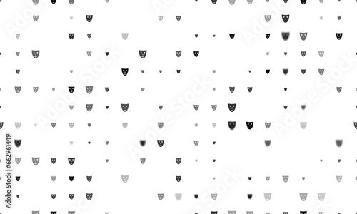 Seamless background pattern of evenly spaced black theatrical masks of different sizes and opacity. Illustration on transparent background