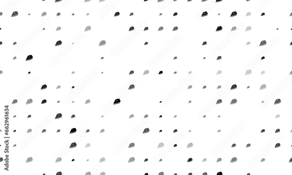 Seamless background pattern of evenly spaced black iron symbols of different sizes and opacity. Illustration on transparent background