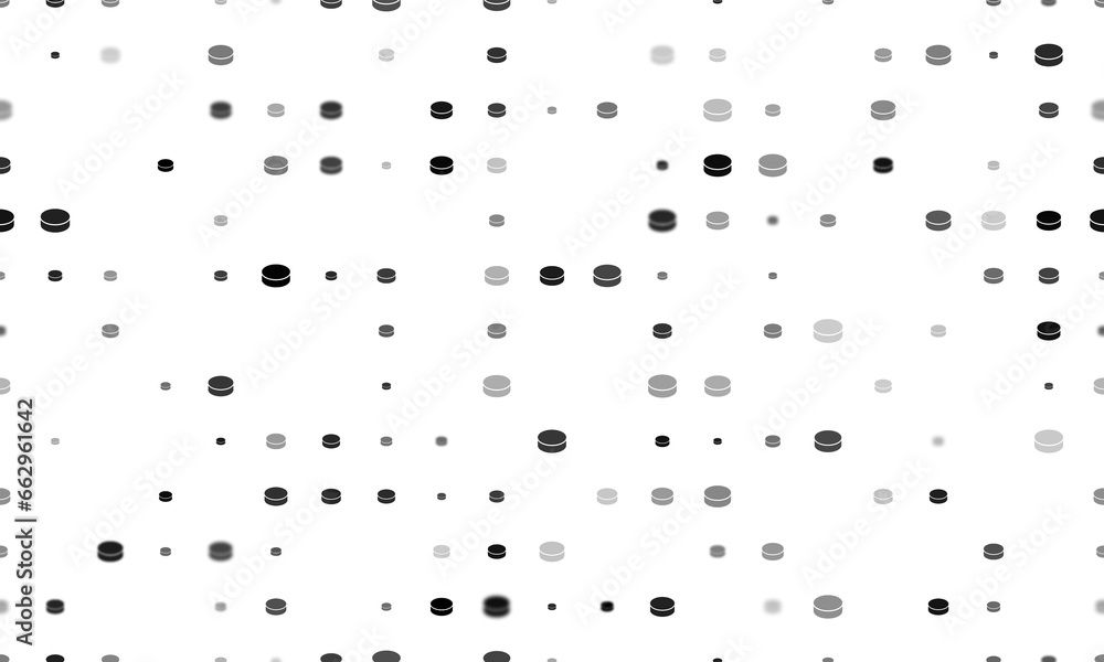 Seamless background pattern of evenly spaced black hockey pucks of different sizes and opacity. Illustration on transparent background Seamless background pattern of evenly spaced black hockey pucks of different sizes and opacity. Illustration on transparent background