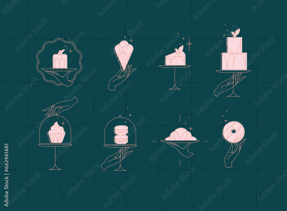 Desserts on cake stand in art deco style labels drawing on dark turquoise background