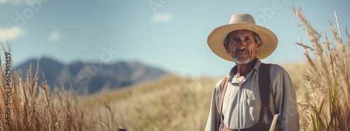 Rugged Elderly Latin Man Tending Crops in the Sun-Soaked Fields of Latin America with Copy-Space photo