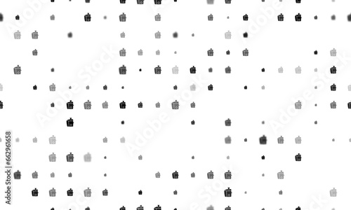 Seamless background pattern of evenly spaced black juicer symbols of different sizes and opacity. Illustration on transparent background