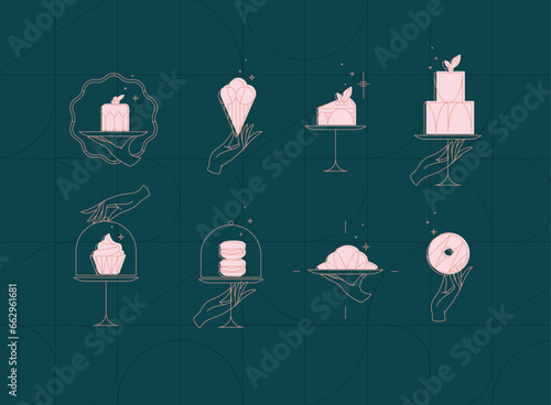 Desserts on cake stand in art deco style labels drawing on dark turquoise background