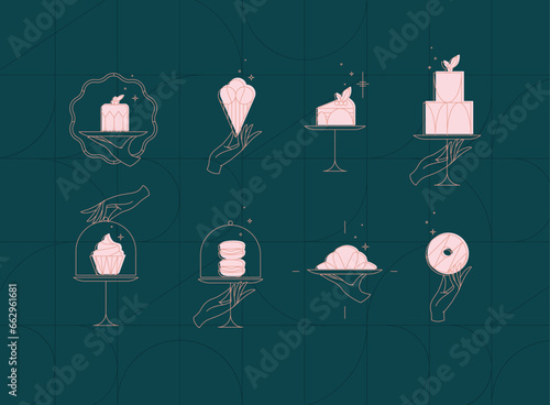 Obraz na płótnie Desserts on cake stand in art deco style labels drawing on dark turquoise background w salonie