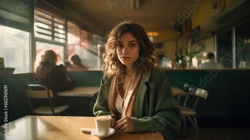 Woman alone in cafe, AI generated Image
