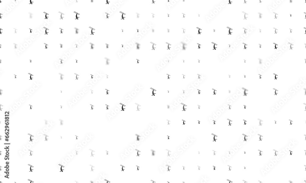 Seamless background pattern of evenly spaced black freestyle skiing symbols of different sizes and opacity. Illustration on transparent background