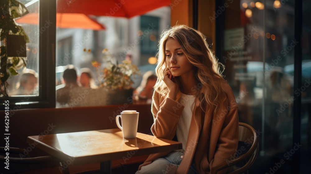 Woman alone in cafe, AI generated Image Woman alone in cafe, AI generated Image