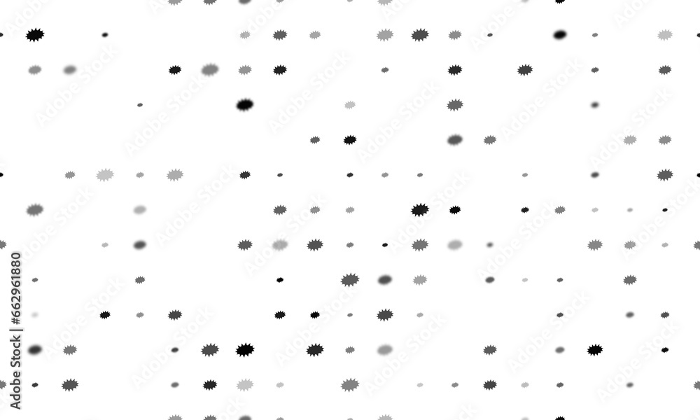 Seamless background pattern of evenly spaced black explosion symbols of different sizes and opacity. Illustration on transparent background