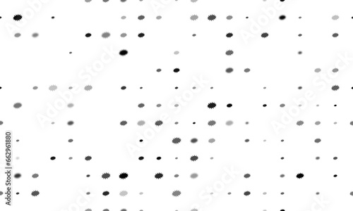 Seamless background pattern of evenly spaced black explosion symbols of different sizes and opacity. Illustration on transparent background