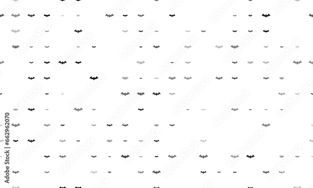 Seamless background pattern of evenly spaced black bat symbols of different sizes and opacity. Illustration on transparent background