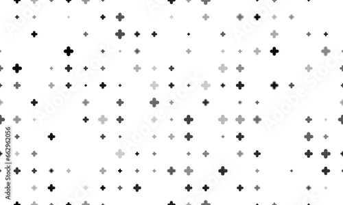 Seamless background pattern of evenly spaced black quatrefoil symbols of different sizes and opacity. Illustration on transparent background