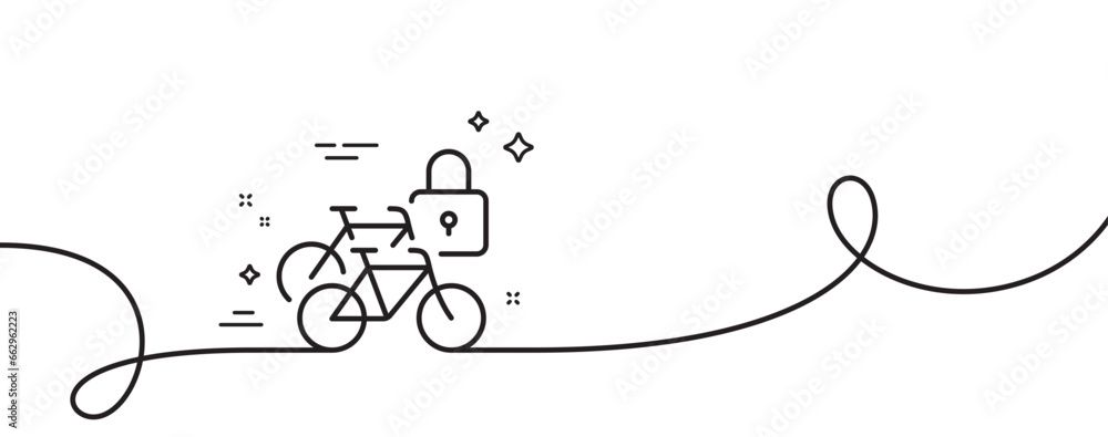 Bicycle lockers line icon. Continuous one line with curl. Lock bike transport sign. Outdoor parking place symbol. Bicycle lockers single outline ribbon. Loop curve pattern. Vector Bicycle lockers line icon. Continuous one line with curl. Lock bike transport sign. Outdoor parking place symbol. Bicycle lockers single outline ribbon. Loop curve pattern. Vector