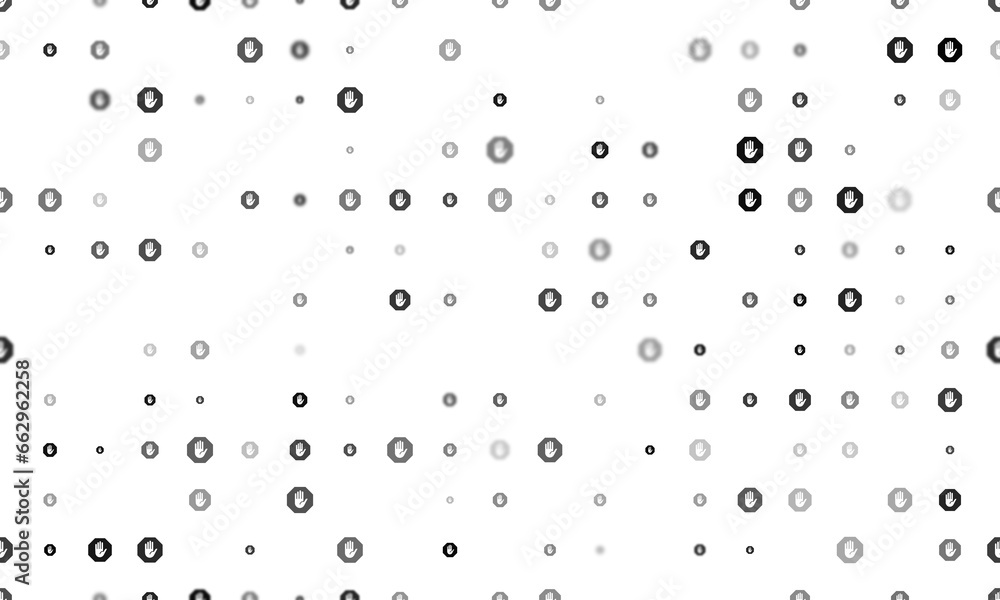 Seamless background pattern of evenly spaced black stop hand symbols of different sizes and opacity. Illustration on transparent background