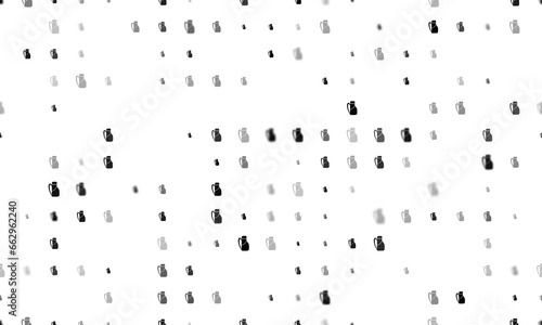 Seamless background pattern of evenly spaced black travel backpack symbols of different sizes and opacity. Illustration on transparent background
