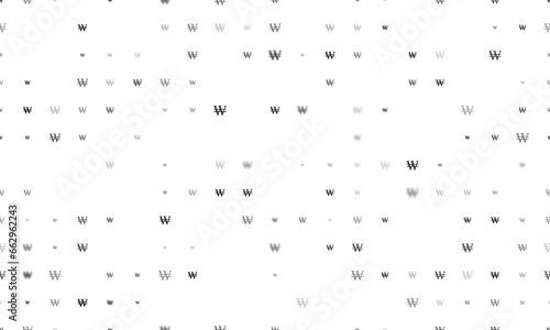 Seamless background pattern of evenly spaced black Korean won signs of different sizes and opacity. Illustration on transparent background