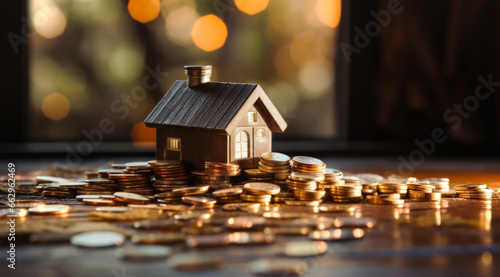 Conceptual image of investing in real estate, purchasing a house or maintaining one: small house model on a pile of money / coins