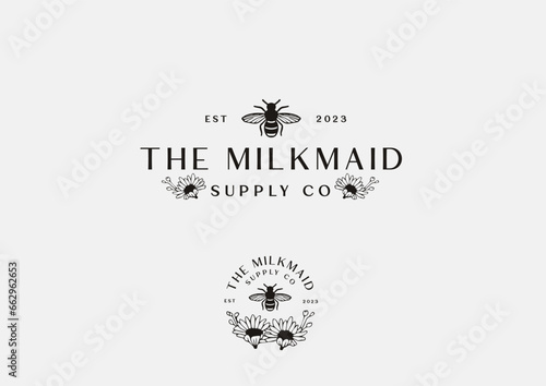 Illustration, logo, sign Milkmaid. Logo, bee. Naturalness. Flowers. Minimalism.
