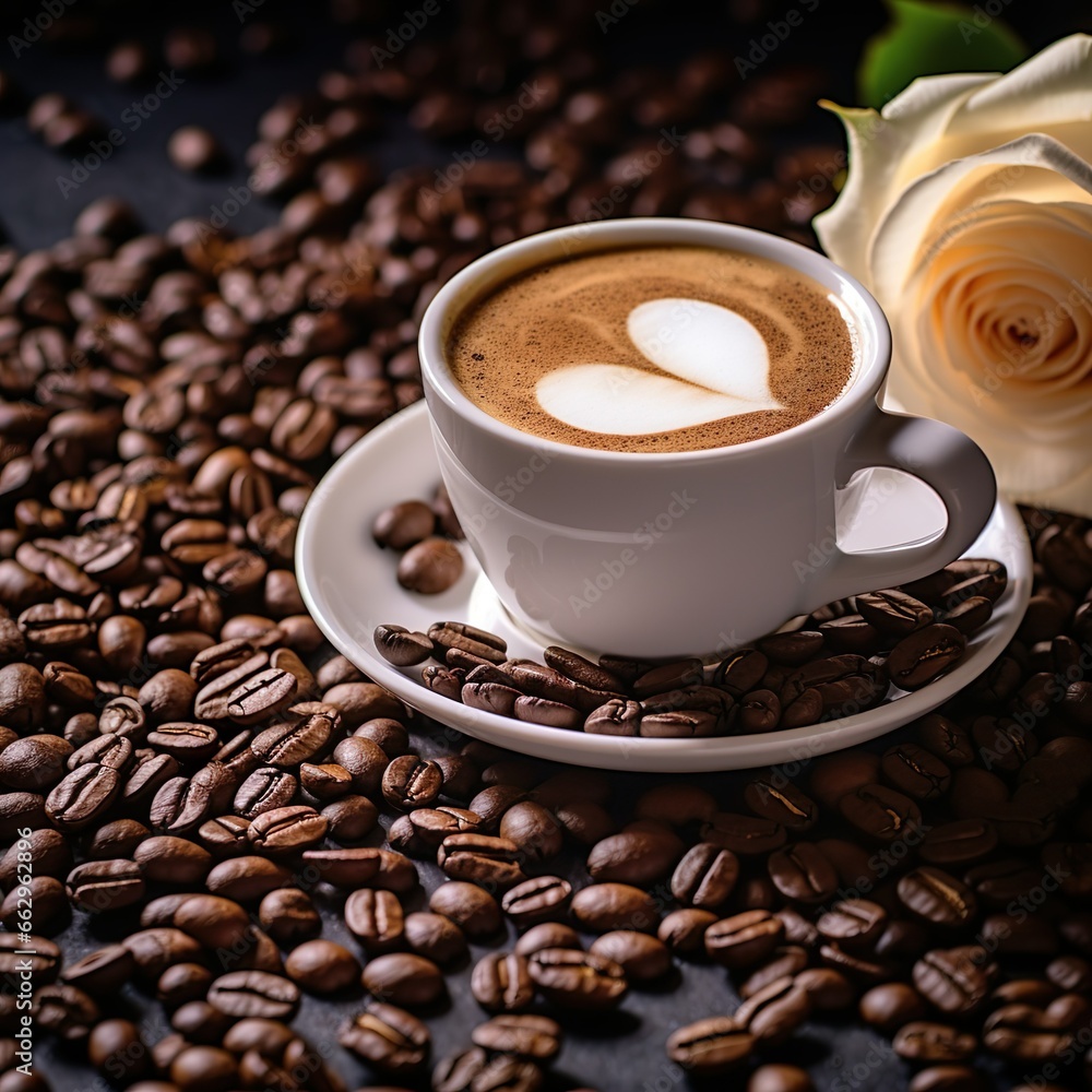 White cup of coffee with heart shaped foam, with one white rose, cute card, banner for Valentine's Day. Generative AI White cup of coffee with heart shaped foam, with one white rose, cute card, banner for Valentine's Day. Generative AI
