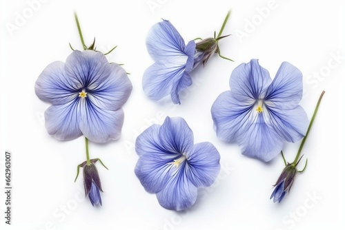 Flax flowers isolated on white background. Top view, flat lay. Generative AI photo