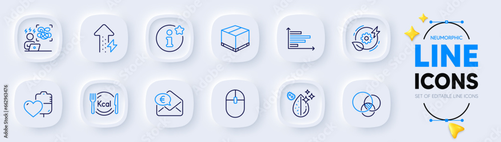 Computer mouse, Dirty water and Green energy line icons for web app. Pack of Euro money, Blood, Calories pictogram icons. Horizontal chart, Difficult stress, Delivery box signs. Info. Vector Computer mouse, Dirty water and Green energy line icons for web app. Pack of Euro money, Blood, Calories pictogram icons. Horizontal chart, Difficult stress, Delivery box signs. Info. Vector