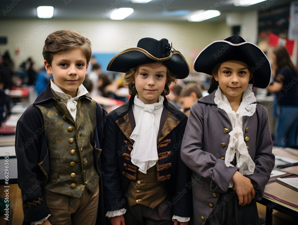Children dressed up as iconic historical figures showcasing their projects at a school event.  - obrazy, fototapety, plakaty 