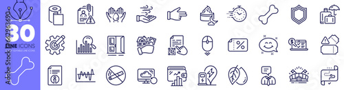 Wind energy, Tickets and Paper wallpaper line icons pack. Recovery cloud, Discount banner, Sports arena web icon. Timer, Wash hands, Cogwheel pictogram. Night cream, Open door, Stock analysis. Vector