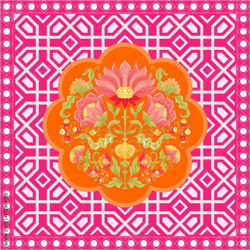 Geometric abstract with ornamental round ornament floral on a pink background with Frame. Royal Art Work. photo