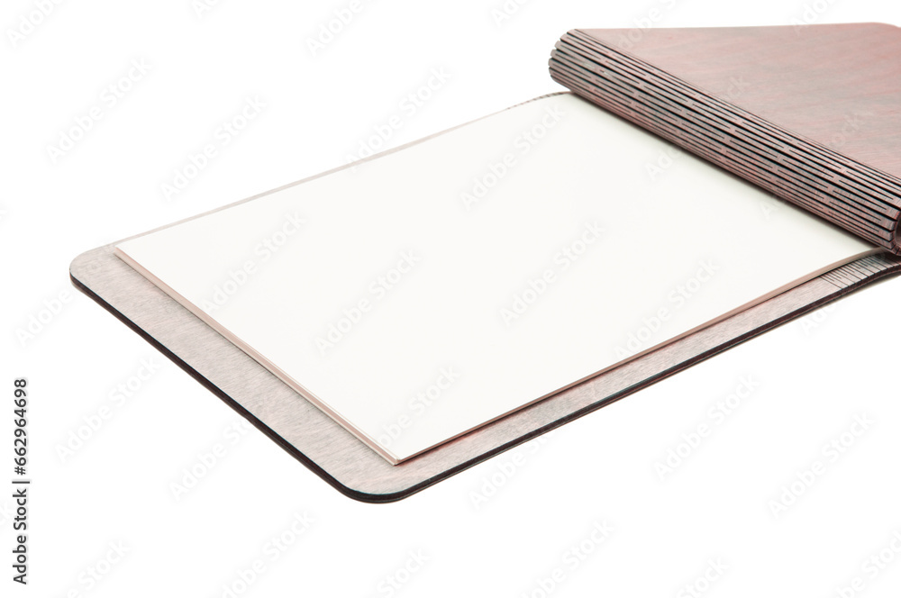 open notebook with blank page on white background. unfolded album cover with white page open notebook with blank page on white background. unfolded album cover with white page