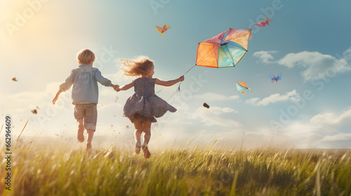 Two siblings holding hands running through an open meadow with kites soaring above.  photo
