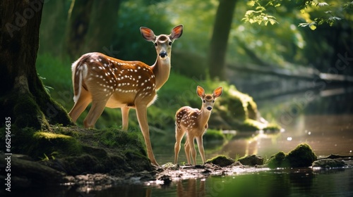 An Axis deer family, the camera capturing the tender moment of a mother with her fawn, surrounded by the lush greenery of their habitat.