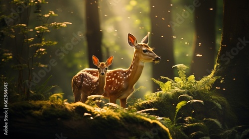 An Axis deer family, the camera capturing the tender moment of a mother with her fawn, surrounded by the lush greenery of their habitat. © Nairobi 