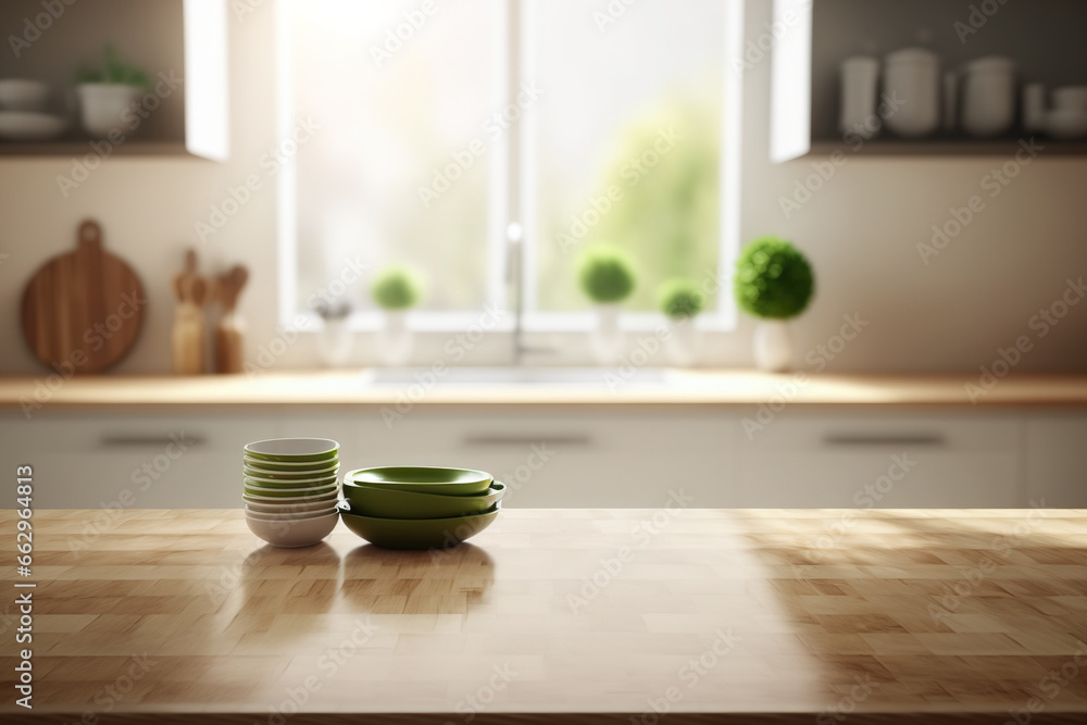 A tidy, polished hardwood table in the kitchen room is empty and not being used to exhibit any domestic or business goods. image displaying a mock-up, background, and home décor. Generative AI