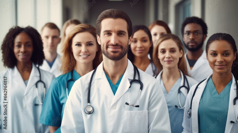 Young friendly doctors and nurses standing in a row in front of a clinical background created with Generative AI Young friendly doctors and nurses standing in a row in front of a clinical background created with Generative AI
