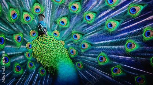 A dynamic image capturing the vibrant hues of a Javanese peacock's feathers as it gracefully moves, creating a visual symphony of green and blue.