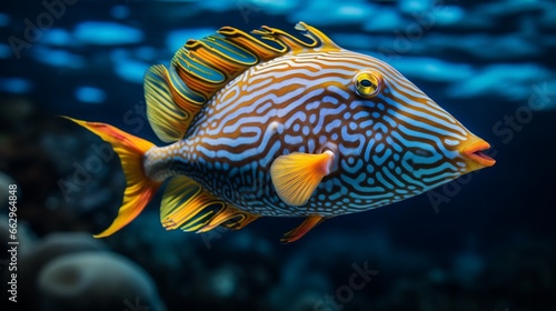 An Orange-lined Triggerfish swimming gracefully, the high-definition camera capturing the fluid motion and radiant colors of this marine species.