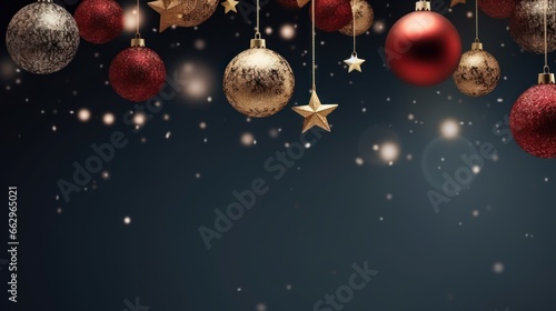 Christmas balls on blue background. Christmas banner with copy space. photo