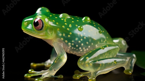 Fleischmann's Glass Frog perched on a leaf with water droplets, the HD camera capturing the amphibian's transparent skin and the glistening freshness of its environment.