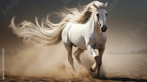 The Arabian Horse in a dynamic pose, its mane flowing in the wind, the high-resolution camera highlighting the strength and beauty of this majestic creature.