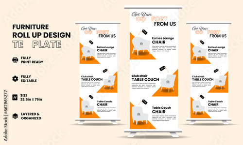 Modern furniture For Sale Roll up Banner Stand template for Real Estate Agency pull up, standee, x banner, display cover poster design template for advertising and business promotion