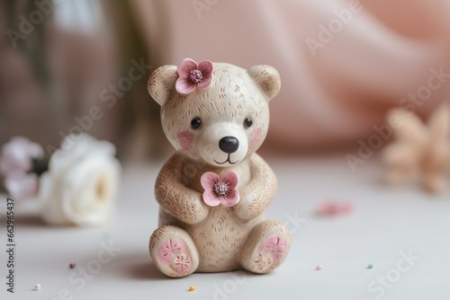 adorable bear with a pink flower. Generative AI