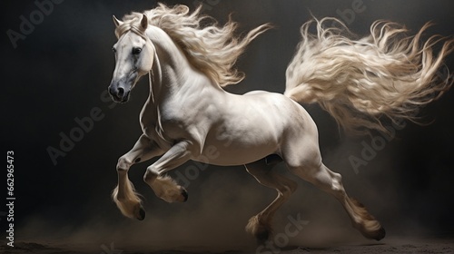 The Arabian Horse in a dynamic pose, its mane flowing in the wind, the high-resolution camera highlighting the strength and beauty of this majestic creature.