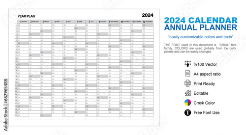 Year 2024 customizable and one-click color changeable annual planner