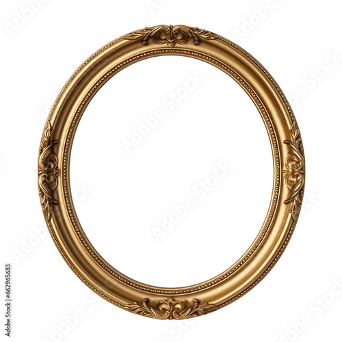Gold vintage round picture frame isolated on transparent background, retro antique ornate old golden baroque Victorian style border mock up for painting, art, wall art, artwork, photo, image, mirror