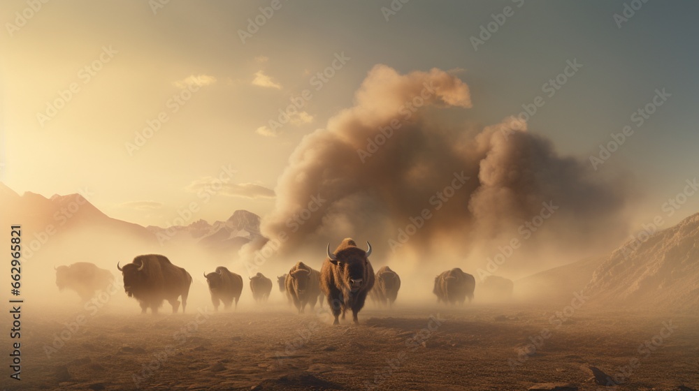 A Herd of buffalos stampedes across a barren landscape, a cloud of dust trailing behind them. - generative ai - obrazy, fototapety, plakaty 