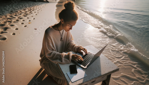A young digital nomad working on her laptop on a serene beach