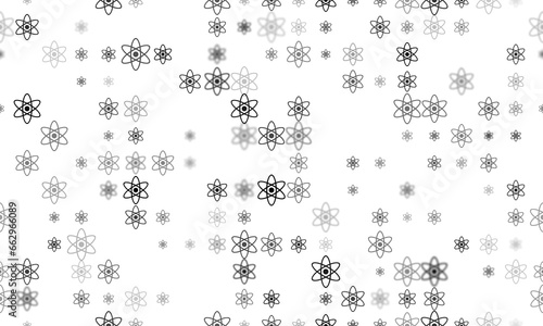 Seamless background pattern of evenly spaced black atomic symbols of different sizes and opacity. Illustration on transparent background