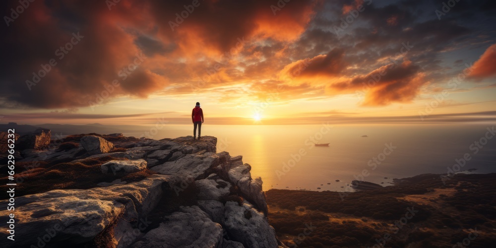 Φωτογραφία On the Brink of Discovery: A Person Stands at the Edge of a Cliff, Embracing the