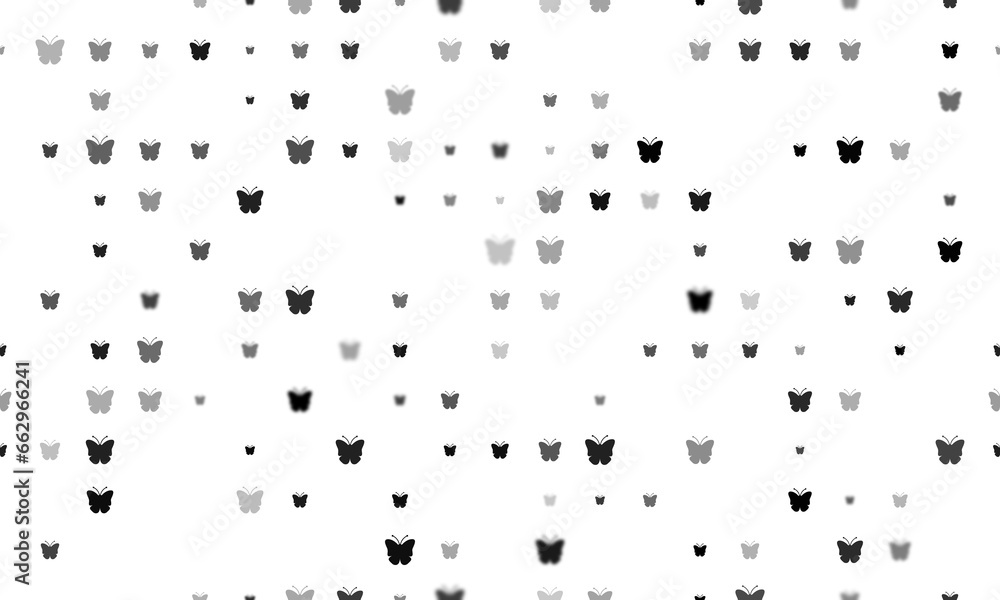Seamless background pattern of evenly spaced black butterfly symbols of different sizes and opacity. Illustration on transparent background Seamless background pattern of evenly spaced black butterfly symbols of different sizes and opacity. Illustration on transparent background