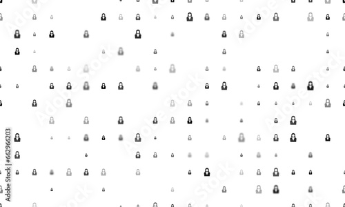 Seamless background pattern of evenly spaced black business woman symbols of different sizes and opacity. Illustration on transparent background