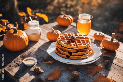 still life of a cup of hot latte and waffers and pumpkins on an old wooden table against the background of beautiful autumn nature at sunset  decoration for Halloween